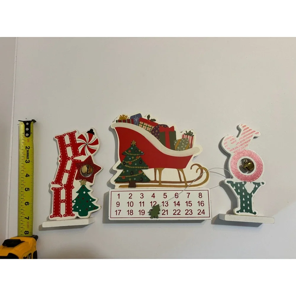 Christmas Wooden Tabletop Decor Set 3pc Sleigh Advent Calendar Ho Ho Ho Joy